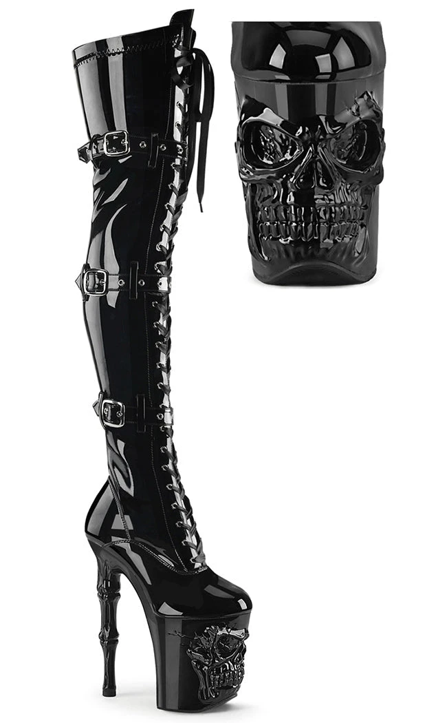 Pleaser Pole Shoes RAPTURE-3028 Black Patent Thigh-High Skull Boots 3 Pleaser Pole Shoes RAPTURE-3028 Black Patent Thigh-High Skull Boots