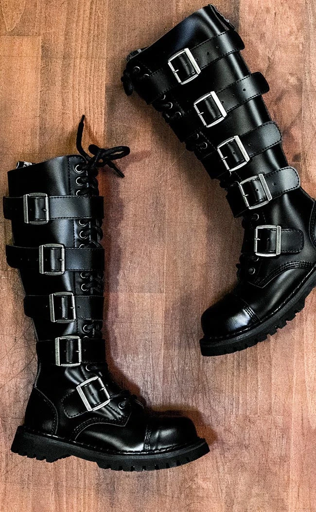 Demonia RIOT-18BK Black Leather Knee High Combat Boots 4 Demonia RIOT-18BK Black Leather Knee High Combat Boots