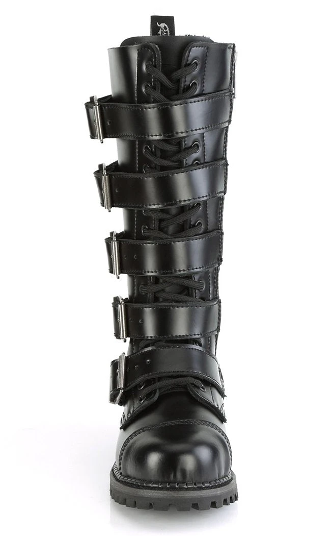 Demonia RIOT-18BK Black Leather Knee High Combat Boots 5 Demonia RIOT-18BK Black Leather Knee High Combat Boots