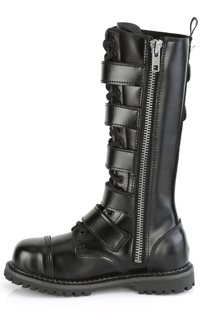Demonia RIOT-18BK Black Leather Knee High Combat Boots 6 Demonia RIOT-18BK Black Leather Knee High Combat Boots
