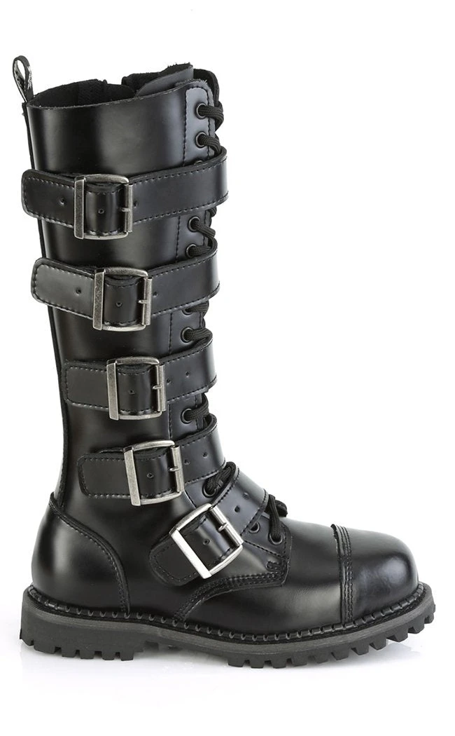 Demonia RIOT-18BK Black Leather Knee High Combat Boots 8 Demonia RIOT-18BK Black Leather Knee High Combat Boots
