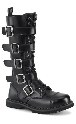 Demonia RIOT-18BK Black Leather Knee High Combat Boots