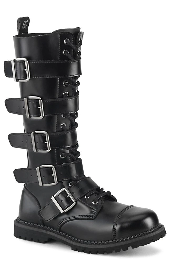 Demonia RIOT-18BK Black Leather Knee High Combat Boots 3 Demonia RIOT-18BK Black Leather Knee High Combat Boots