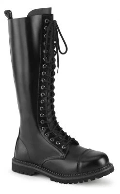 Demonia RIOT-20 Black Leather Knee High Combat Boots Shoes