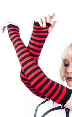 Music Legs Red And Black Opaque Striped Arm Warmers Accessories