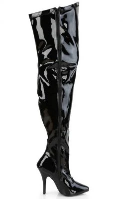 Pleaser SEDUCE-3000WC Black Patent Thigh High Boots | Wide Calf Plus Size