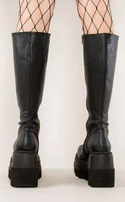 Demonia Shoes SHAKER-100 Black Vegan Leather Knee High Platform Boots (Au Stock)
