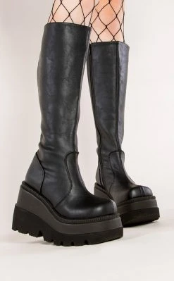 Demonia Shoes SHAKER-100 Black Vegan Leather Knee High Platform Boots (Au Stock)