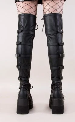 Demonia SHAKER-350 Black Vegan Leather Thigh High Platform Boots