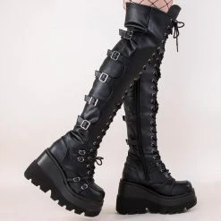 Demonia SHAKER-350 Black Vegan Leather Thigh High Platform Boots