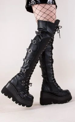 Demonia SHAKER-350 Black Vegan Leather Thigh High Platform Boots