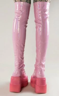 Demonia Shoes SHAKER-374-1 Baby Pink Holographic Thigh High Platform Boots (Au Stock)