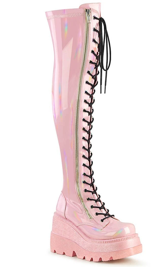 Demonia Shoes SHAKER-374-1 Baby Pink Holographic Thigh High Platform Boots (Au Stock) 5 Demonia Shoes SHAKER-374-1 Baby Pink Holographic Thigh High Platform Boots (Au Stock)