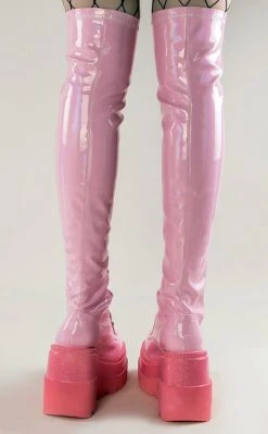 Demonia SHAKER-374-1 Baby Pink Holographic Thigh High Platform Boots