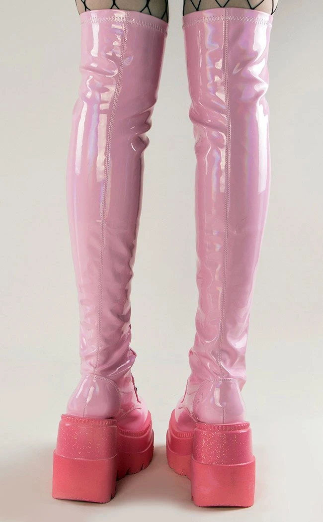Demonia SHAKER-374-1 Baby Pink Holographic Thigh High Platform Boots 4 Demonia SHAKER-374-1 Baby Pink Holographic Thigh High Platform Boots