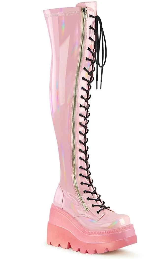 Demonia SHAKER-374-1 Baby Pink Holographic Thigh High Platform Boots 5 Demonia SHAKER-374-1 Baby Pink Holographic Thigh High Platform Boots