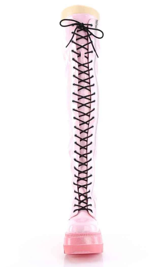Demonia SHAKER-374-1 Baby Pink Holographic Thigh High Platform Boots 6 Demonia SHAKER-374-1 Baby Pink Holographic Thigh High Platform Boots