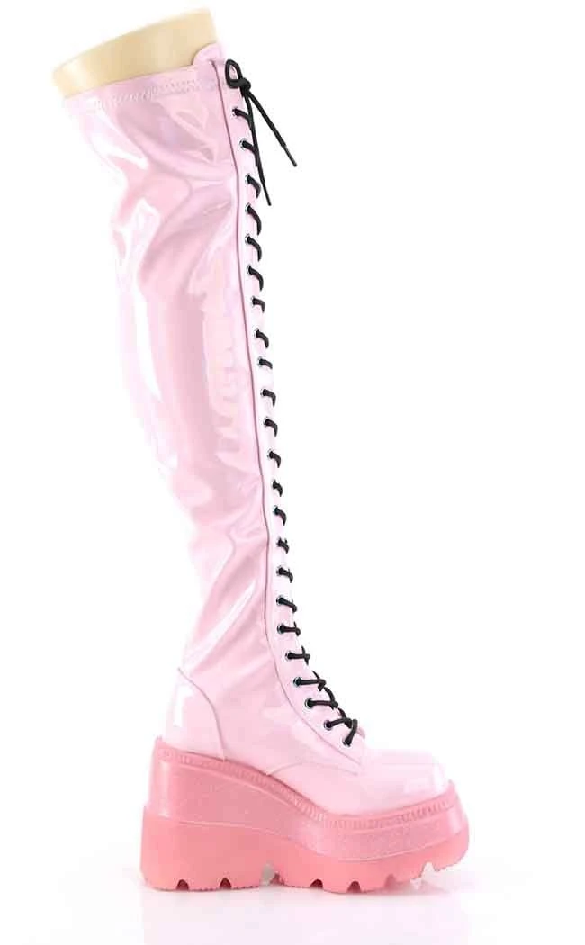 Demonia SHAKER-374-1 Baby Pink Holographic Thigh High Platform Boots 9 Demonia SHAKER-374-1 Baby Pink Holographic Thigh High Platform Boots