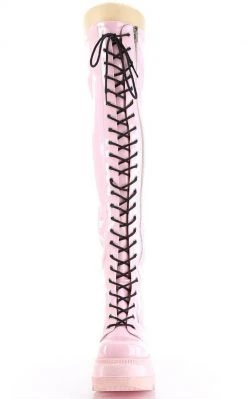 Demonia SHAKER-374 Baby Pink Holographic Thigh High Platform Boots Shoes