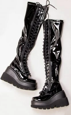 Demonia SHAKER-374 Black Patent Thigh High Platform Boots (Au Stock) Shoes