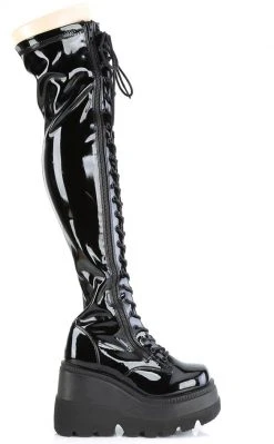 Demonia SHAKER-374 Black Patent Thigh High Platform Boots (Au Stock) Shoes