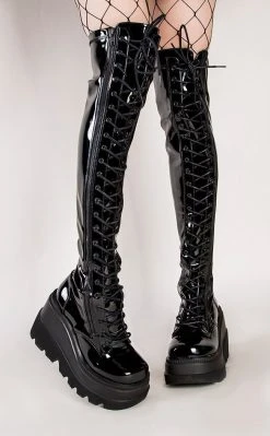 Demonia SHAKER-374 Black Patent Thigh High Platform Boots (Au Stock) Shoes