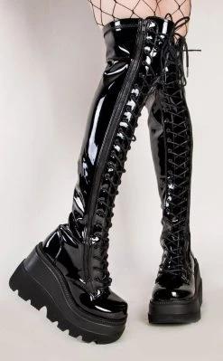 Demonia Shoes SHAKER-374 Black Patent Thigh High Platform Boots