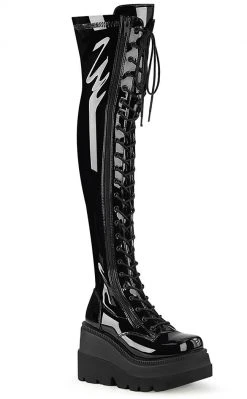 Demonia Shoes SHAKER-374 Black Patent Thigh High Platform Boots