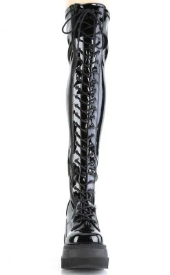 Demonia Shoes SHAKER-374 Black Patent Thigh High Platform Boots