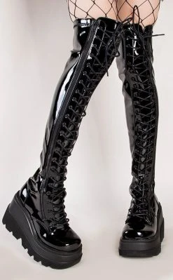 Demonia Shoes SHAKER-374 Black Patent Thigh High Platform Boots