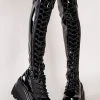 Demonia Shoes SHAKER-374 Black Patent Thigh High Platform Boots