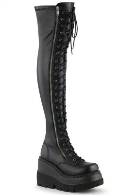 Demonia Shoes SHAKER-374 Black Vegan Leather Thigh High Platform Boots (Au Stock)