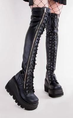 Demonia Shoes SHAKER-374 Black Vegan Leather Thigh High Platform Boots (Au Stock)