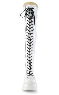 Demonia Shoes SHAKER-374 White Holographic Thigh High Platform Boots