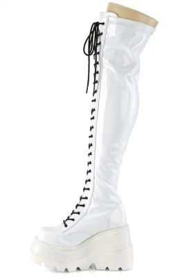 Demonia Shoes SHAKER-374 White Holographic Thigh High Platform Boots