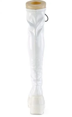 Demonia Shoes SHAKER-374 White Holographic Thigh High Platform Boots