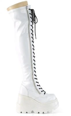 Demonia Shoes SHAKER-374 White Holographic Thigh High Platform Boots