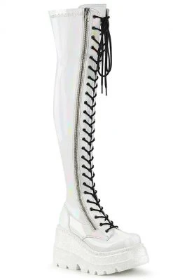 Demonia Shoes SHAKER-374 White Holographic Thigh High Platform Boots