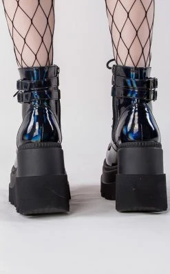 Demonia SHAKER-52 Black Holographic Platform Ankle Boots
