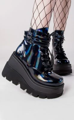 Demonia SHAKER-52 Black Holographic Platform Ankle Boots
