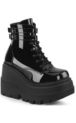 Demonia SHAKER-52 Black Patent Platform Ankle Boots (Au Stock) Shoes
