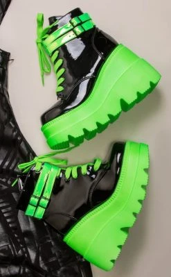 Demonia SHAKER-52 Black Patent & UV Green Platform Ankle Boots Shoes