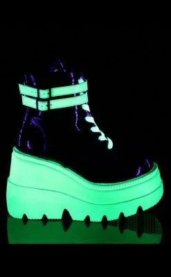 Demonia SHAKER-52 Black Patent & UV Green Platform Ankle Boots Shoes