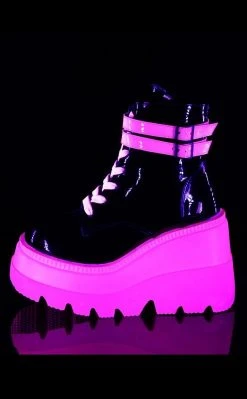 Demonia Shoes SHAKER-52 Black Patent & UV Pink Platform Ankle Boots