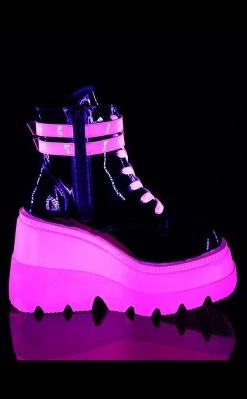 Demonia Shoes SHAKER-52 Black Patent & UV Pink Platform Ankle Boots