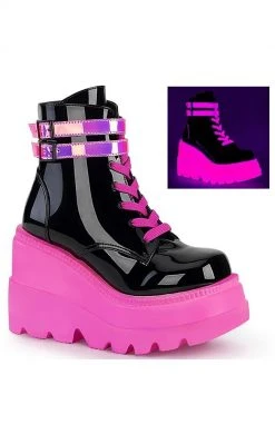Demonia Shoes SHAKER-52 Black Patent & UV Pink Platform Ankle Boots