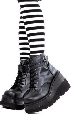 Demonia Shoes SHAKER-52 Black Vegan Leather Platform Ankle Boots (AU Stock)
