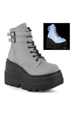 Demonia SHAKER-52 Grey UV Reflective Platform Ankle Boots Shoes