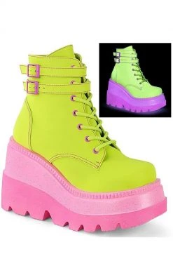 Demonia SHAKER-52 Lime Green & Pink UV Glitter Platform Ankle Boots Shoes