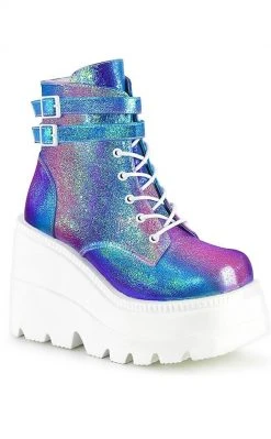 Demonia Shoes SHAKER-52 Purple Iridescent Platform Ankle Boots